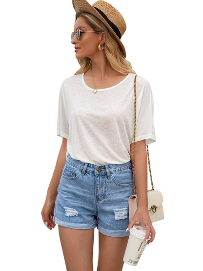 Round neck short sleeve cut out lace stitching T-shirt