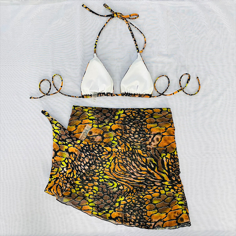 Free Shipping For Brown Leopard Triangle Straps Bikini Set With Cover Up