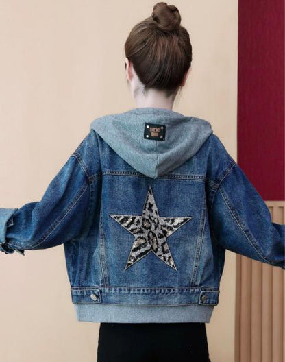 Fashion Hooded Loose Denim Coat Fake Two-Piece Set