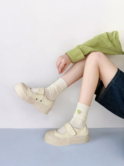 Women's Striped and Heart Embroidered Socks in Green Tones