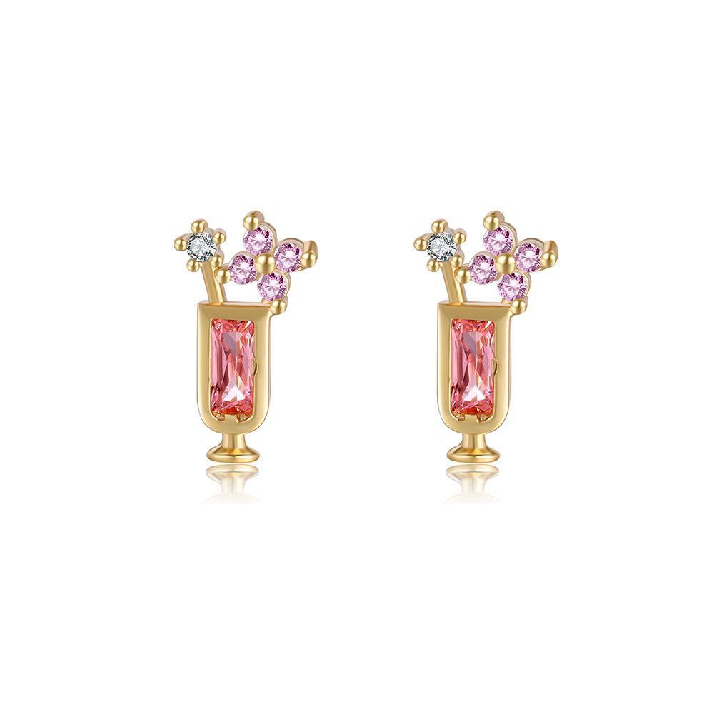 Free Shipping For Golden Plated Pink Drink Stud Earrings