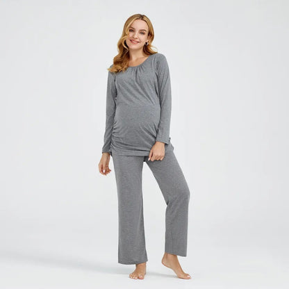 Free Shipping ForNew European and American solid color round neck long sleeved pants lactating maternity suit