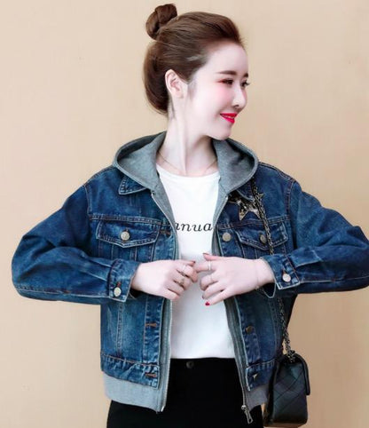 Fashion Hooded Loose Denim Coat Fake Two-Piece Set