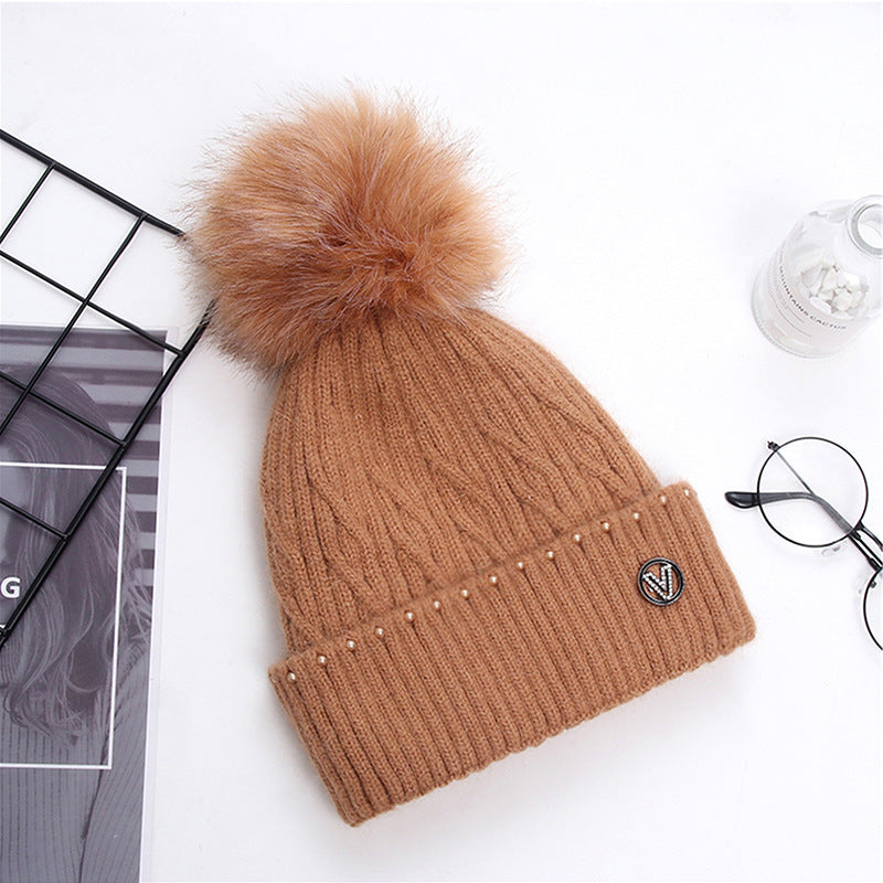 Autumn and winter Korean sweet and lovely pearl hat brim V letter wool ball Knitted Warm thread hat-Homeunderwear