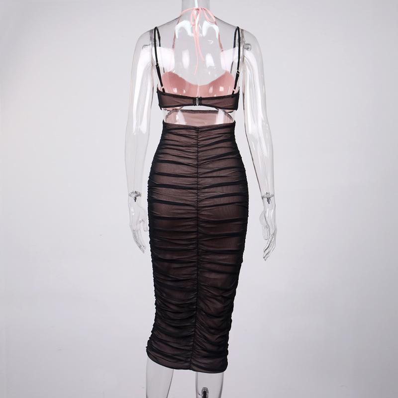 Mesh Hollow Out Pleated Open Back Suspender Medium Length Dress