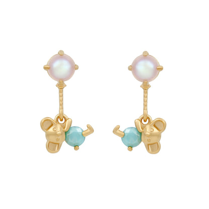 Free Shipping For Golden Plated Bear Gem Pearl Stud Earrings