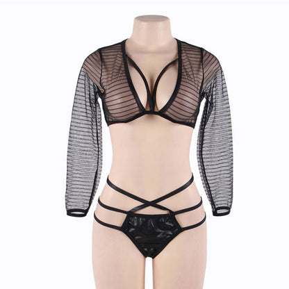 Plus Size Imitation Leather Mesh Temptation Bra Set