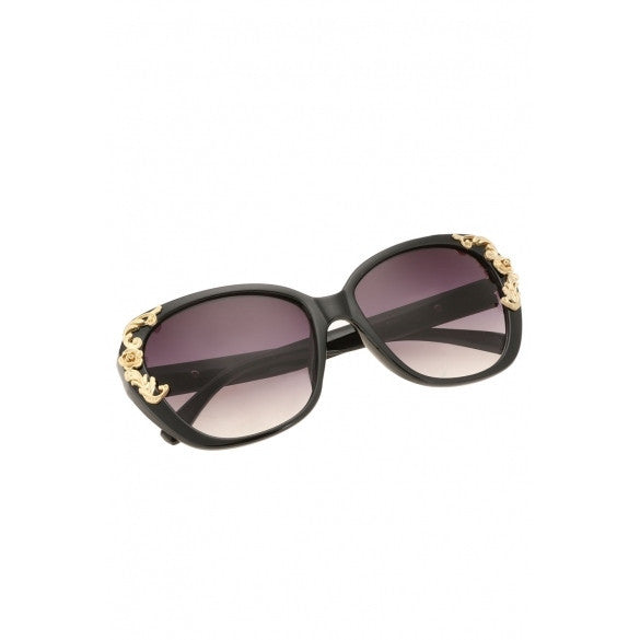 Women's Vintage Gold-tone Roses Carving Oversize Black Frame Sunglasses