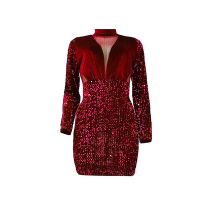 Autumn Winter Thickened Velvet Patchwork Sequin Dress