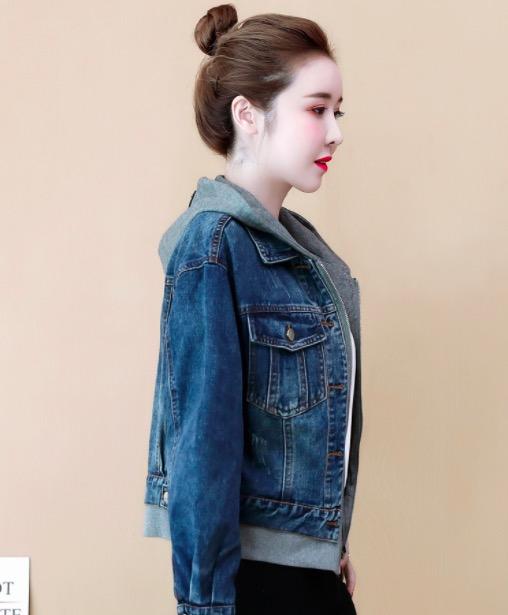 Fashion Hooded Loose Denim Coat Fake Two-Piece Set