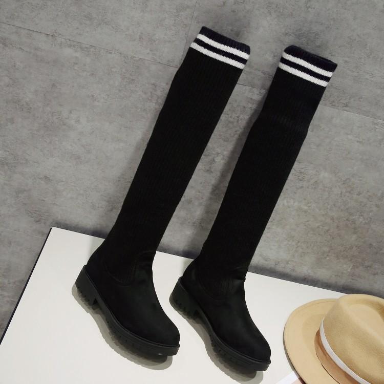 College Style Suede Round Head Color Blocking Knitted Boots