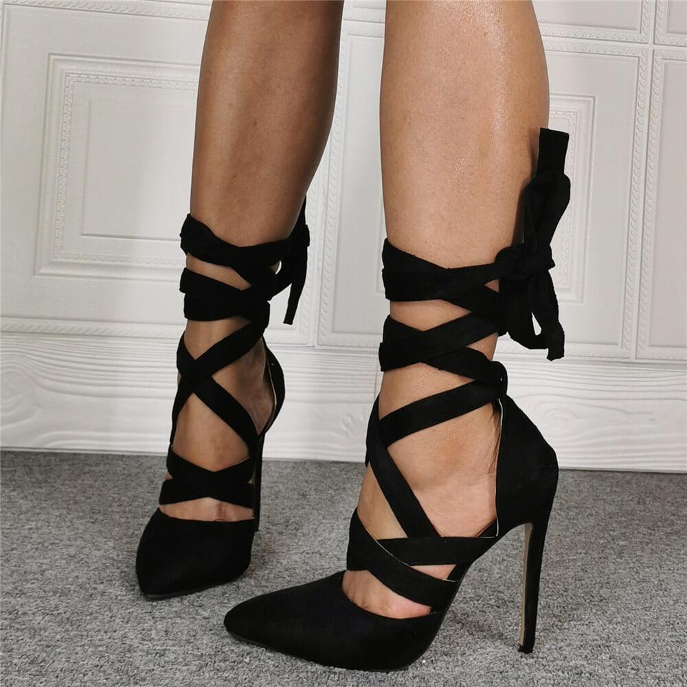 Black Suede Point Toe Ankle Strap High Heel Sandals