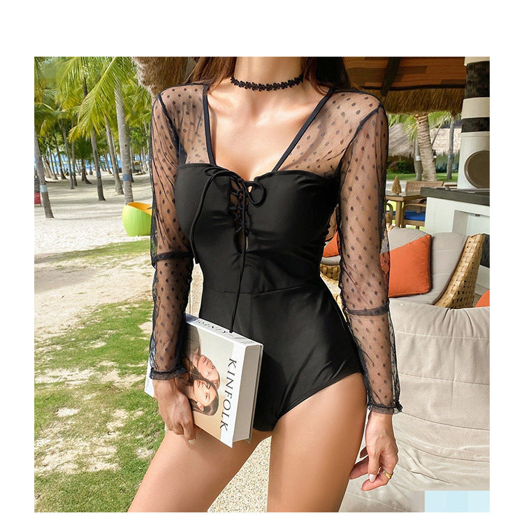 Chic Hollow-out Lace & Polka Dot One-piece Swimsuit