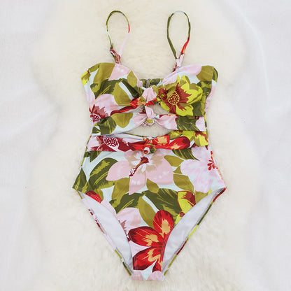 Free Shipping For Blooming Floral Print Tie Front Tube One-piece Swimsuit