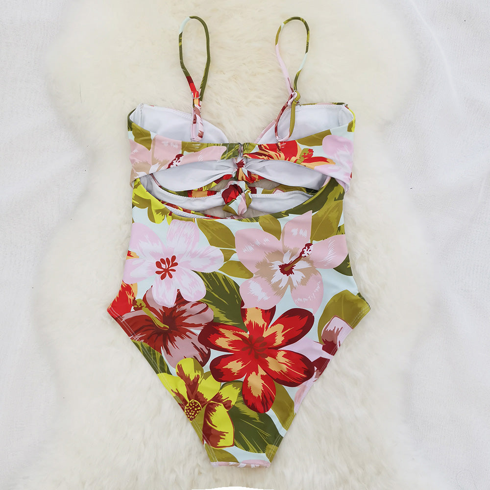 Free Shipping For Blooming Floral Print Tie Front Tube One-piece Swimsuit