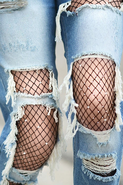 Free Shipping For Plus Shine Bright Scattered Rhinestone Fishnet Tights