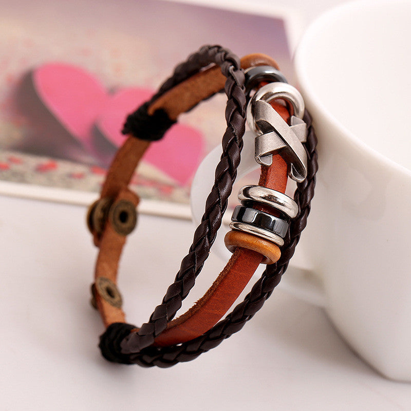 X Mark Beaded Leather Bracelet