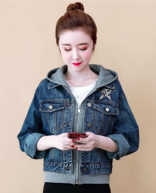 Fashion Hooded Loose Denim Coat Fake Two-Piece Set