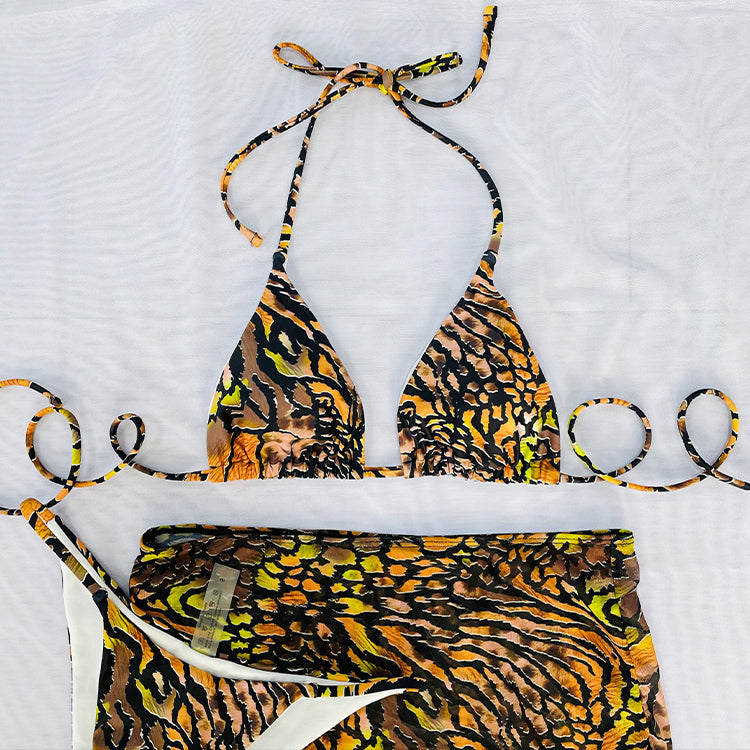 Free Shipping For Brown Leopard Triangle Straps Bikini Set With Cover Up