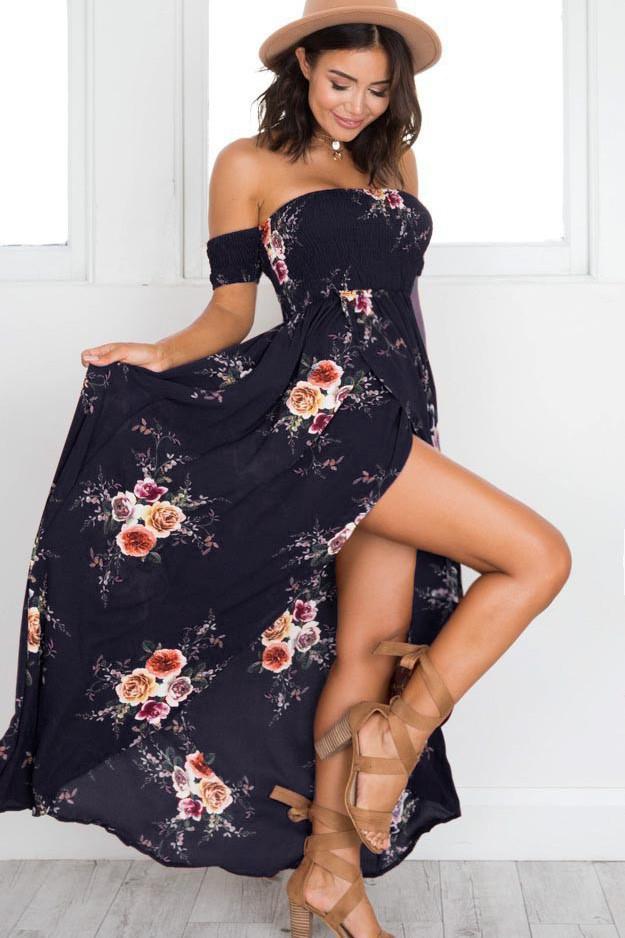 Clearance Off Shoulder Short Sleeves Low High Split Flower Print Long Beach Dress