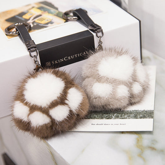 Cute Mink Fur Cat Paw Keychain