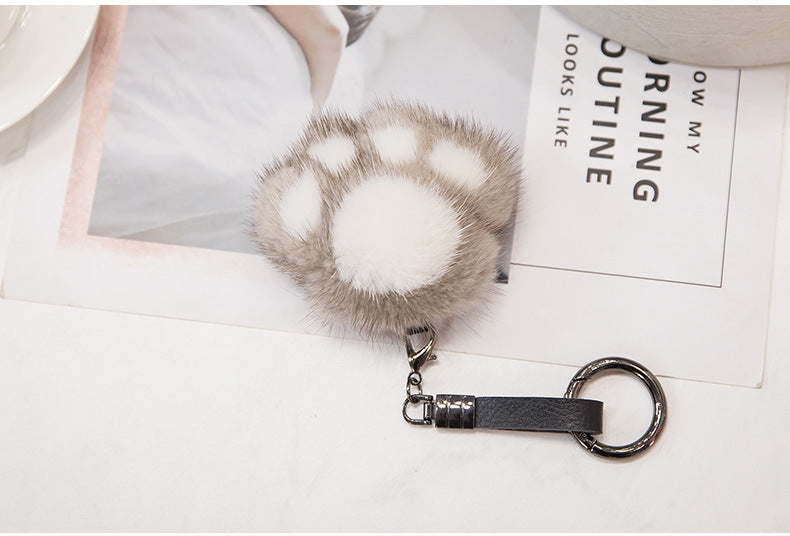 Cute Mink Fur Cat Paw Keychain