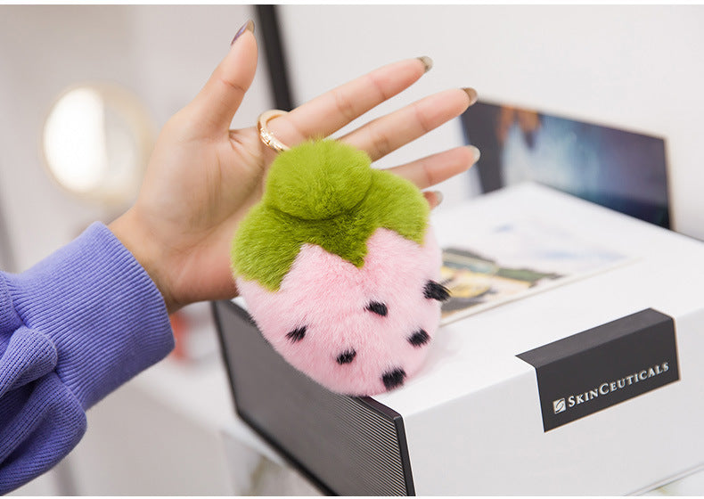 Cute Real Rabbit Fur Strawberry Keychain - Phone Accessory