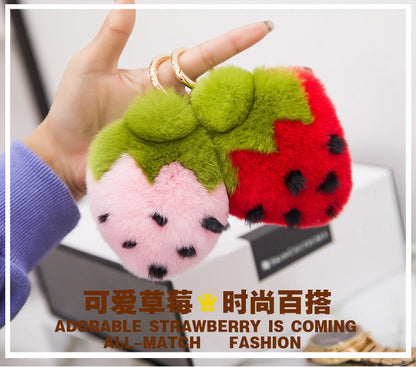 Cute Real Rabbit Fur Strawberry Keychain - Phone Accessory