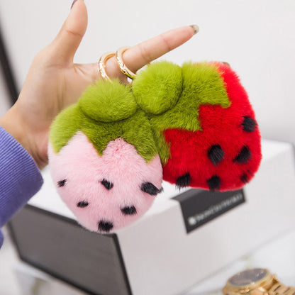 Cute Real Rabbit Fur Strawberry Keychain - Phone Accessory