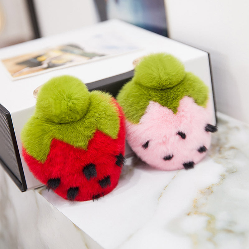 Cute Real Rabbit Fur Strawberry Keychain - Phone Accessory