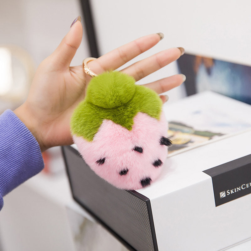 Cute Real Rabbit Fur Strawberry Keychain - Phone Accessory