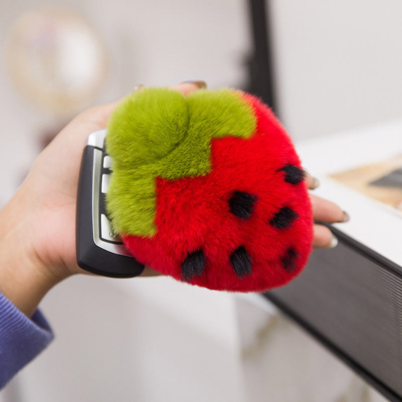 Cute Real Rabbit Fur Strawberry Keychain - Phone Accessory