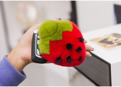 Cute Real Rabbit Fur Strawberry Keychain - Phone Accessory