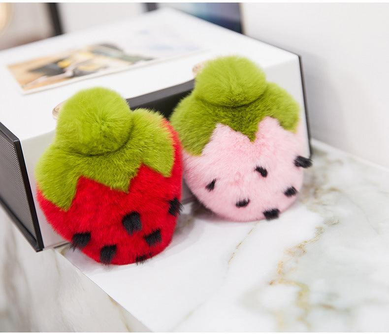 Cute Real Rabbit Fur Strawberry Keychain - Phone Accessory