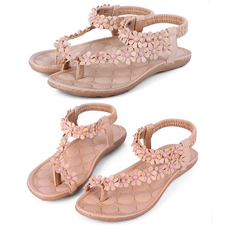 Women Bohemia Flower Beads Flip-flop Shoes Flat Sandals-Homeunderwear