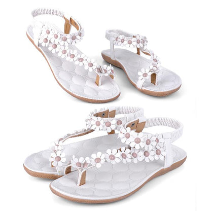 Women Bohemia Flower Beads Flip-flop Shoes Flat Sandals-Homeunderwear