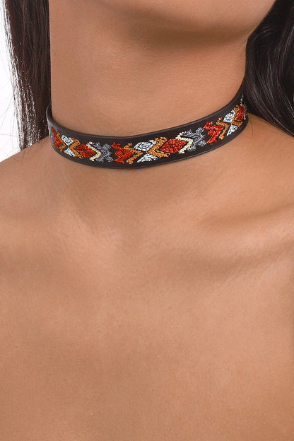 Free Shipping For Embroidery Pattern Vegan Leather Choker Necklace