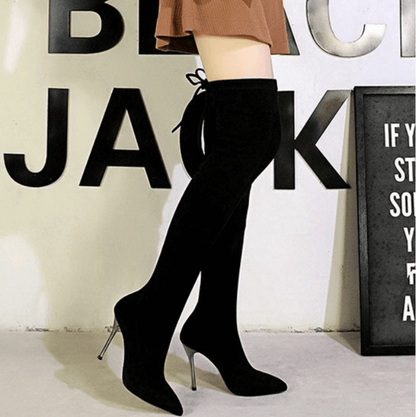 Black Suede Point Toe Strap High Heel Over Knee Boots