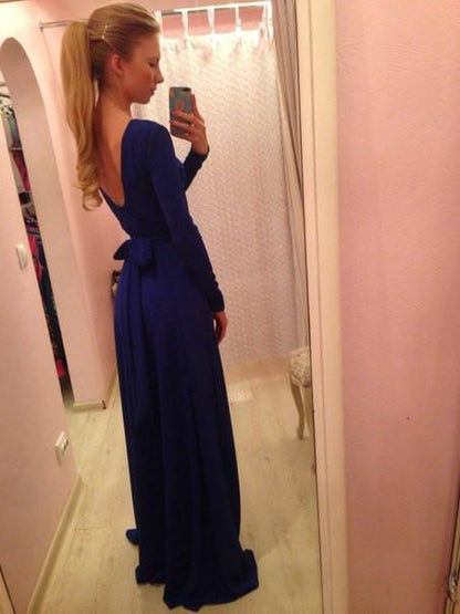 Clearance Long Sleeves Pure Color V-Back Backless Long Dress