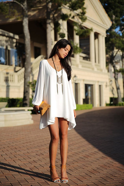 V-Neck Split Long Sleeve Chiffon Loose Short Dress