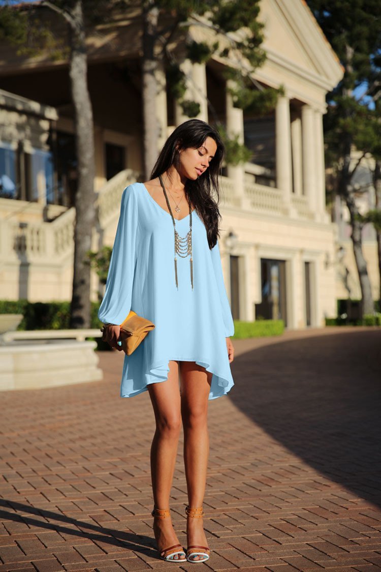 V-Neck Split Long Sleeve Chiffon Loose Short Dress