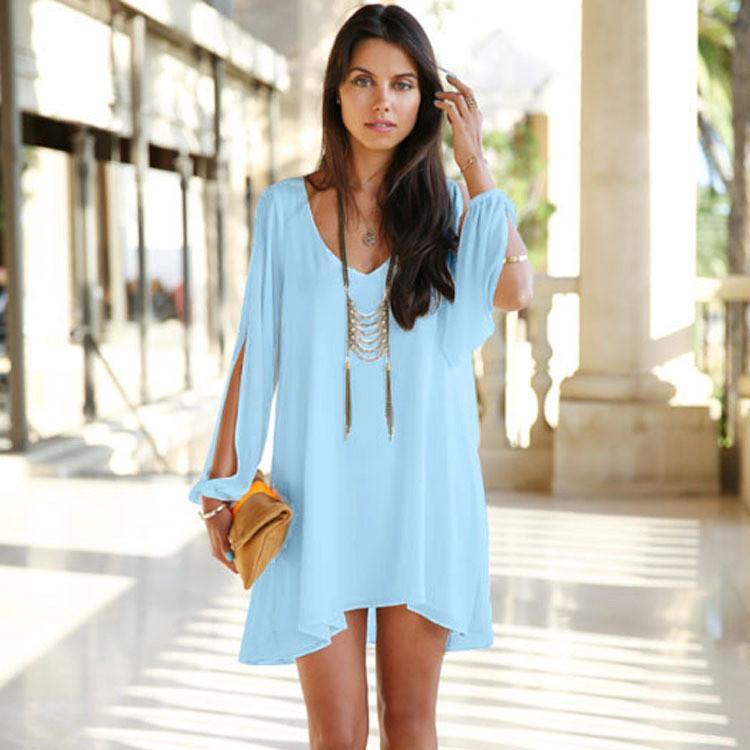 V-Neck Split Long Sleeve Chiffon Loose Short Dress