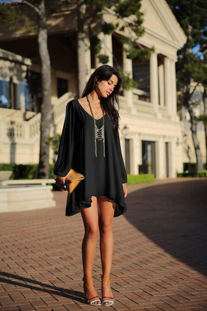 V-Neck Split Long Sleeve Chiffon Loose Short Dress