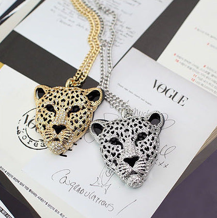 Rhinestone Leopard Tiger Head Chain Necklace Sweater