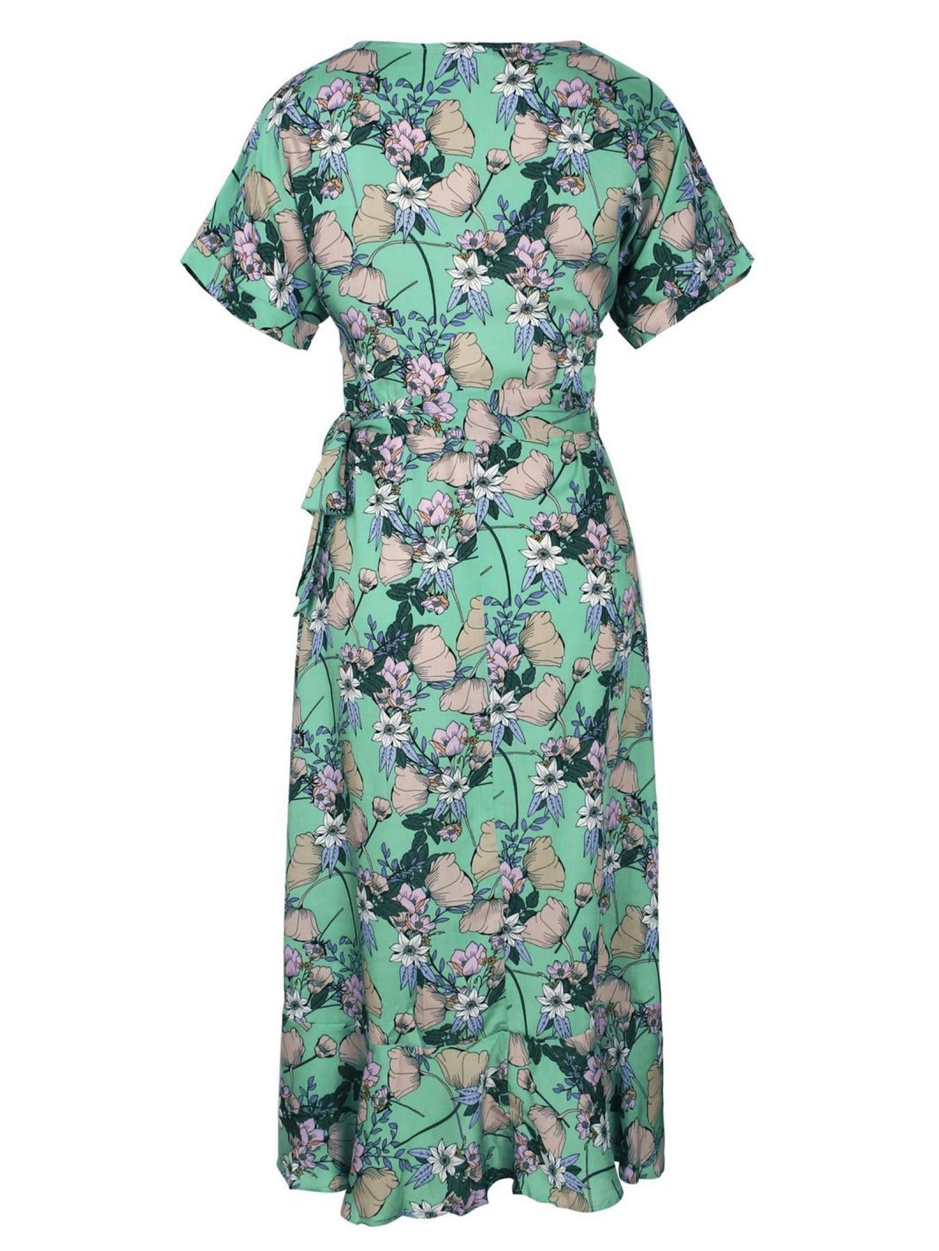 Summer Wrap Midi Dress In Mint Floral Print