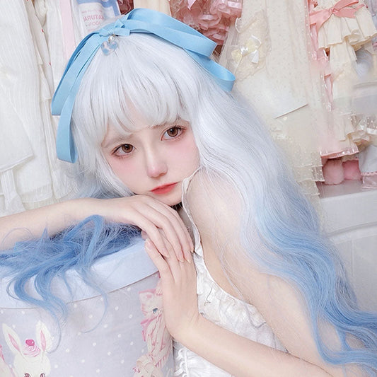 Free Shipping For Hivava Gradient Blue Long Straight Curly Wig With Bangs