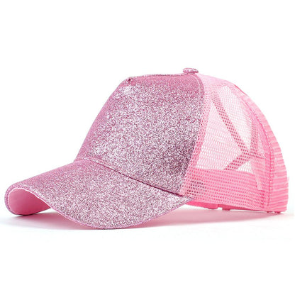 BRIGHT PINK SEQUIN Gold Powder Horsetail Baseball Cap