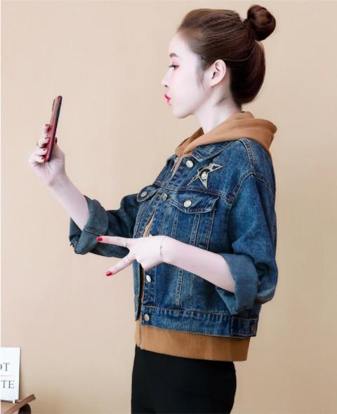 Fashion Hooded Loose Denim Coat Fake Two-Piece Set