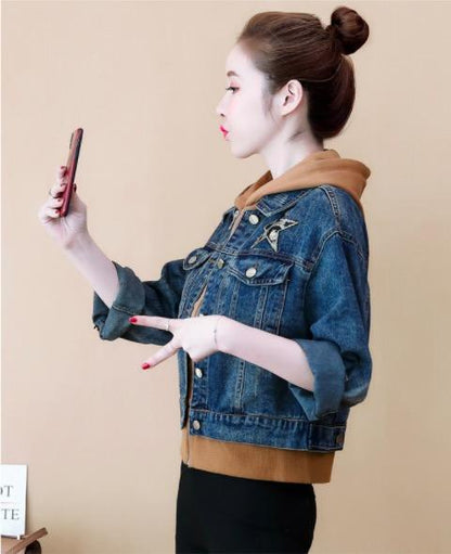 Fashion Hooded Loose Denim Coat Fake Two-Piece Set