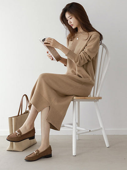 Casual Long Sleeves Loose Solid Color Round-Neck Sweater Dresses-Homeunderwear